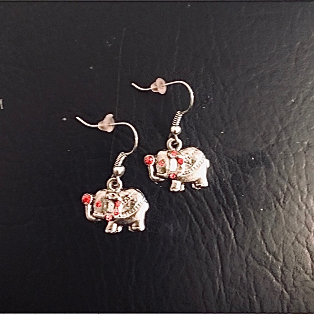 Elephant Red Crystal Silver Earrings NEW